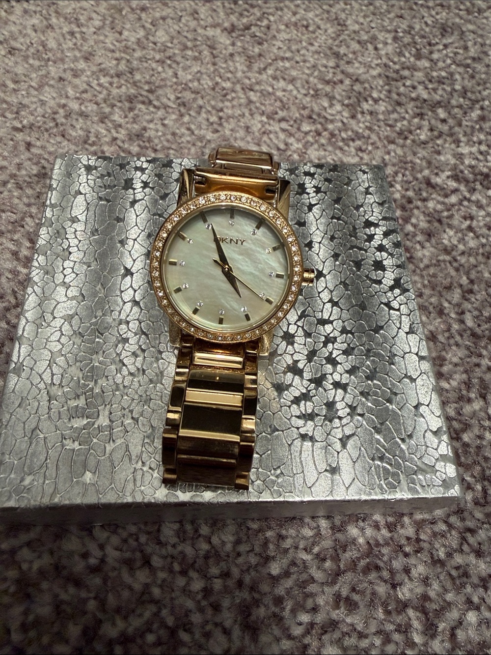 DKNY Gold Crystal-Trim Mother-of-Pearl Bracelet Watch